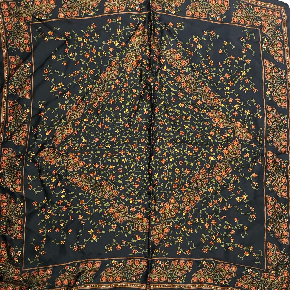 Vintage Scarf in a Rich Black and Orange Floral Vine Print